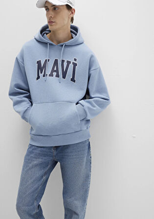 Mavi Logo Baskılı Mavi Kapüşonlu Sweatshirt 067149-86998