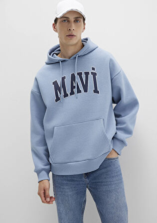 Mavi Logo Baskılı Mavi Kapüşonlu Sweatshirt 067149-86998