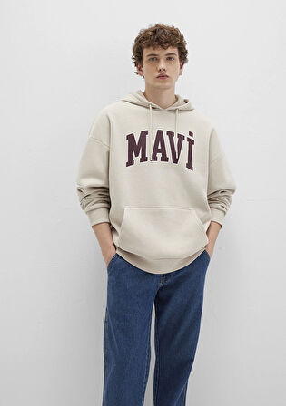 Mavi Logo Baskılı Kapüşonlu Bej Sweatshirt 067149-70004