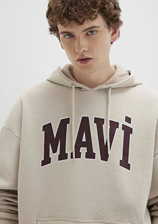 Mavi Logo Baskılı Kapüşonlu Bej Sweatshirt 067149-70004