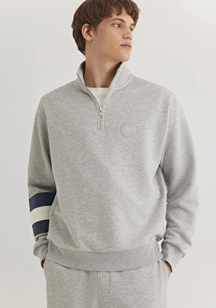 Mavi Logo Nakışlı Yarı Fermuarlı Gri Sweatshirt 0S10307-80196