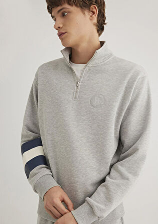 Mavi Logo Nakışlı Yarı Fermuarlı Gri Sweatshirt 0S10307-80196