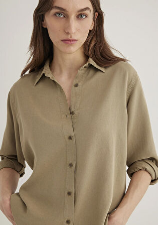 Keten Karışımlı Yeşil Tencel Gömlek 1211046-70361