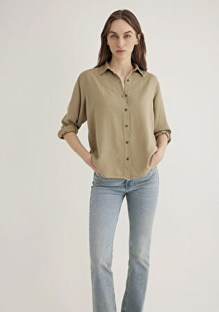Keten Karışımlı Yeşil Tencel Gömlek 1211046-70361