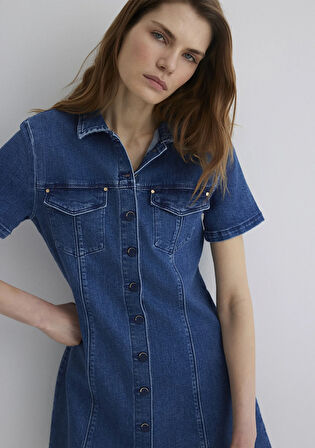Helen Gold Premium Koyu Mavi Jean Elbise 1310612-89216