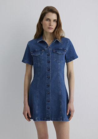 Helen Gold Premium Koyu Mavi Jean Elbise 1310612-89216