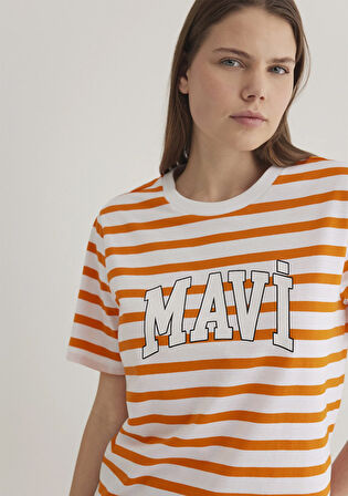 Mavi Logo Baskılı Çizgili Turuncu Tişört 1611360-89585