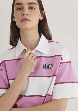 Mavi Logo Baskılı Pembe Çizgili Polo Tişört, 1613005-89359