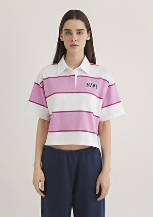 Mavi Logo Baskılı Pembe Çizgili Polo Tişört, 1613005-89359