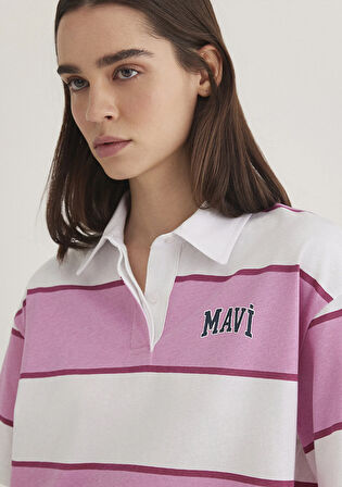 Mavi Logo Baskılı Pembe Çizgili Polo Tişört, 1613005-89359