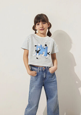 M Logo Baskılı Mavi Çizgili Ekru Tişört 7610285-83766