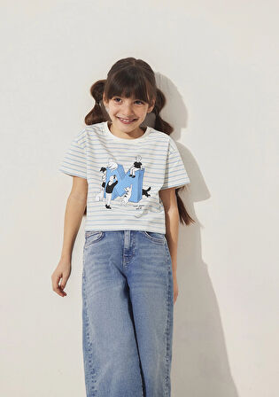 M Logo Baskılı Mavi Çizgili Ekru Tişört 7610285-83766