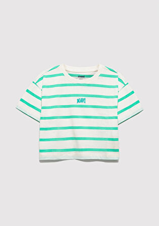 Mavi Logo Baskılı Yeşil Çizgili Crop Tişört 7610182-88145