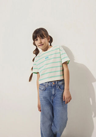 Mavi Logo Baskılı Yeşil Çizgili Crop Tişört 7610182-88145