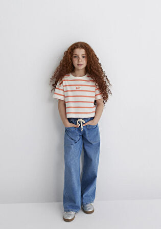 Mavi Logo Baskılı Turuncu Çizgili Crop Tişört 7610182-89310