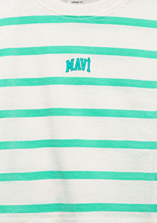 Mavi Logo Baskılı Yeşil Çizgili Crop Tişört 7610182-88145