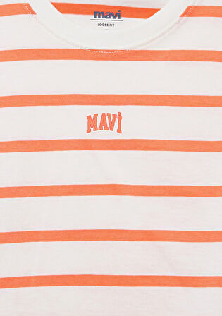 Mavi Logo Baskılı Turuncu Çizgili Crop Tişört 7610182-89310