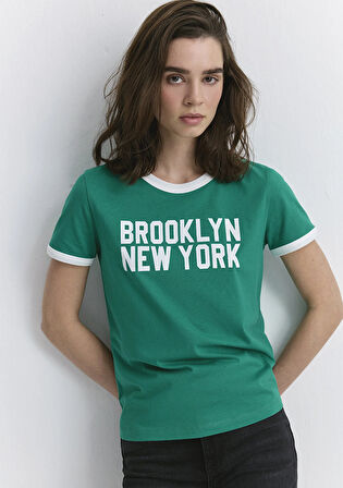 New York Baskılı Beyaz Biyeli Yeşil Tişört 1613061-71879