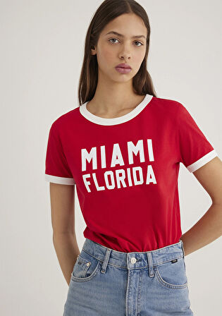 Florida Baskılı Beyaz Biyeli Kırmızı Tişört 1613062-70467