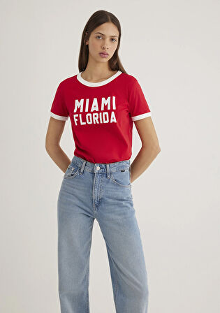 Florida Baskılı Beyaz Biyeli Kırmızı Tişört 1613062-70467