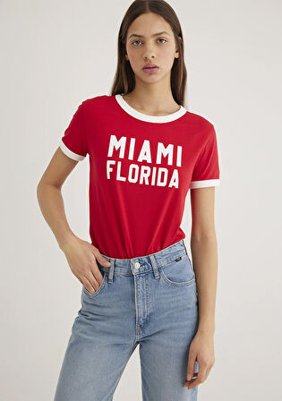 Florida Baskılı Beyaz Biyeli Kırmızı Tişört 1613062-70467