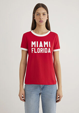 Florida Baskılı Beyaz Biyeli Kırmızı Tişört 1613062-70467