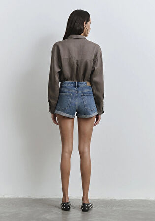 Fiora 90lar Puslu Indigo Mavisi Jean Şort 1411222-89780