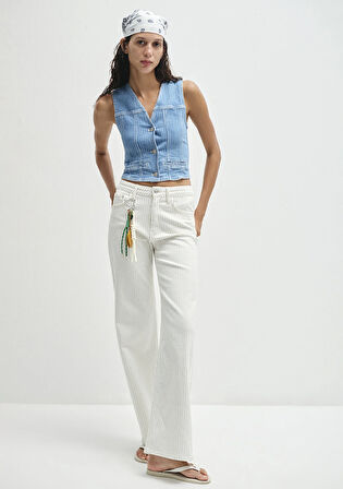 Malibu Akdeniz Çizgili Kırık Beyaz Jean Pantolon 1010152-89688