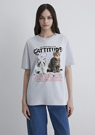 Kedi Baskılı Gri Tişört 1613097-88467