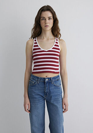 Bordo Çizgili Crop Atlet 1613086-89810