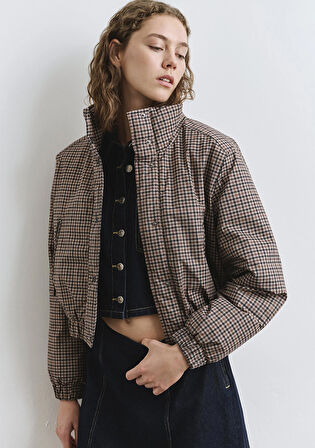 Kahverengi Kareli Şişme Mont 1110269-90373