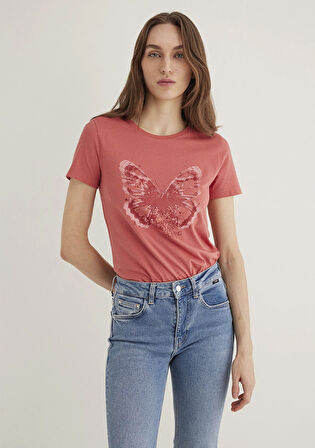 Kelebek Baskılı Pembe Tişört 1613196-71102