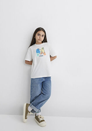 Mavi Logo Kedi Baskılı Ekru Tişört 7610339-70057