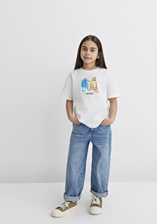 Mavi Logo Kedi Baskılı Ekru Tişört 7610339-70057