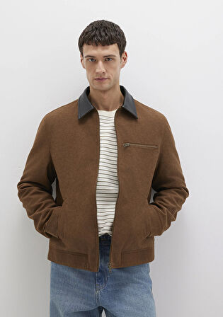 Yaka Detaylı Kahverengi Suni Süet Ceket 0110638-70378
