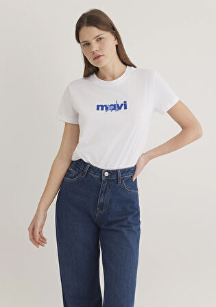 Mavi Baskılı Beyaz Tişört 1613287-620