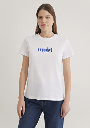 Mavi Baskılı Beyaz Tişört 1613287-620