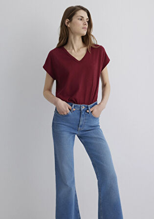 V Yaka Bordo Basic Tişört 1612380-70430