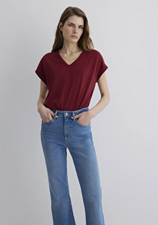 V Yaka Bordo Basic Tişört 1612380-70430