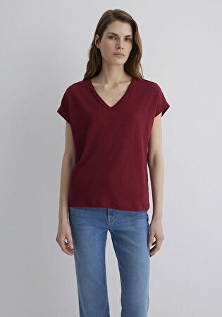 V Yaka Bordo Basic Tişört 1612380-70430