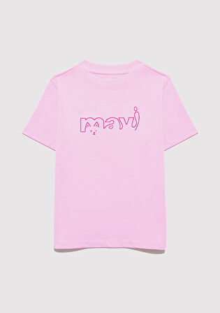 Mavi Logo Kedi Baskılı Pembe Tişört 7610338-70973