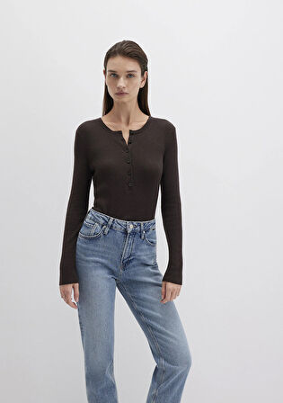 Yün Karışımlı Düğme Detaylı Kahverengi Kazak 1710730-90704