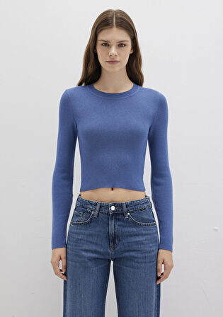 Bisiklet Yaka Mavi Crop Kazak 1710474-70738