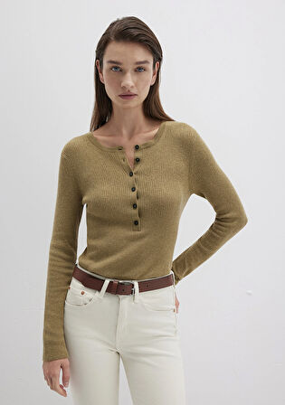 Yün Karışımlı Düğme Detaylı Yeşil Kazak 1710730-71567