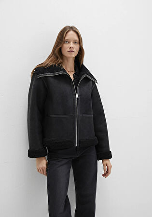 Suni Kürk Detaylı Siyah Suni Deri Ceket 1110718-900