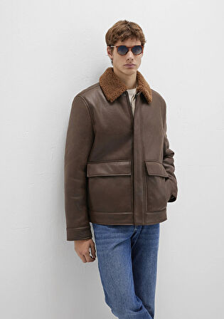 Kahverengi Suni Kürk Detaylı Suni Deri Ceket 0110669-70240