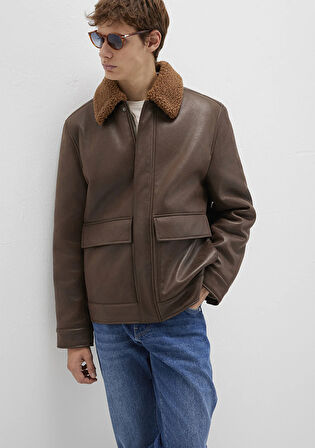 Kahverengi Suni Kürk Detaylı Suni Deri Ceket 0110669-70240