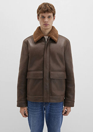 Kahverengi Suni Kürk Detaylı Suni Deri Ceket 0110669-70240