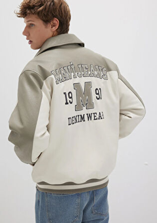 Mavi Jeans Baskılı Bej Suni Deri Ceket 0110400-87213