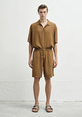 Keten Karışımlı Kahverengi Şort 0410299-82337